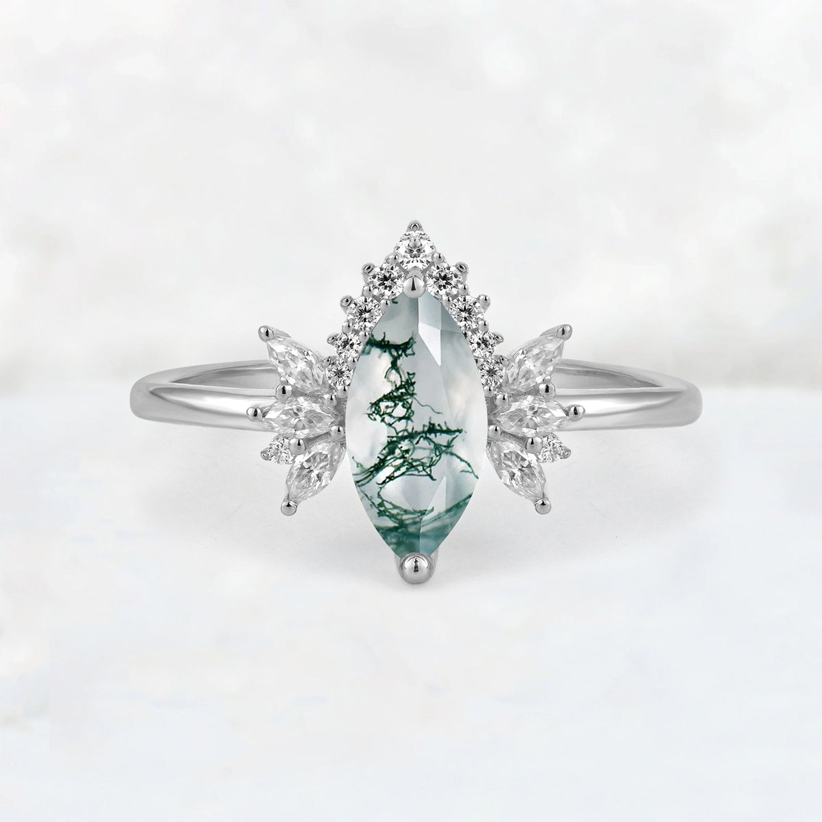 Marquise Cut Moss Agate Floral Side Stone Engagement Ring - Additional view