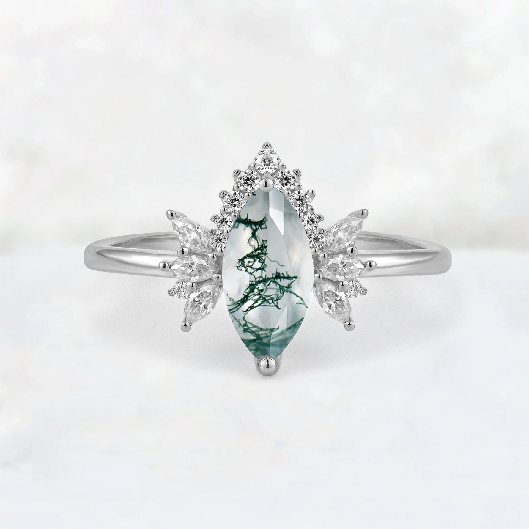 Marquise Cut Moss Agate Floral Side Stone Engagement Ring - Additional view