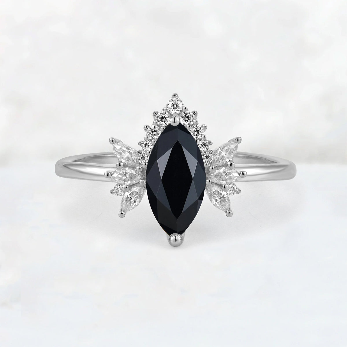 Marquise Cut Black Onyx Floral Side Stone Engagement Ring - Additional view
