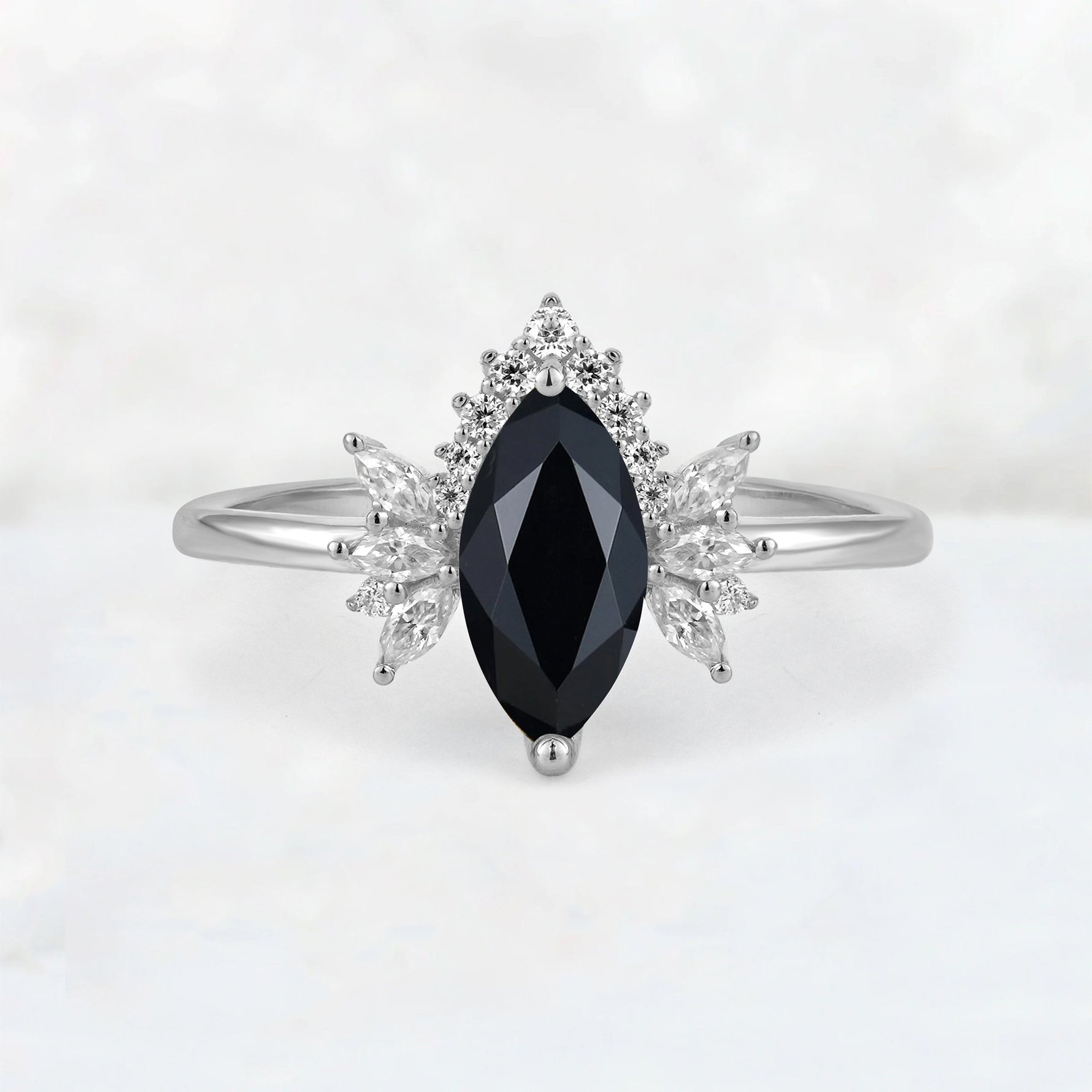 Marquise Cut Black Onyx Floral Side Stone Engagement Ring - Additional view
