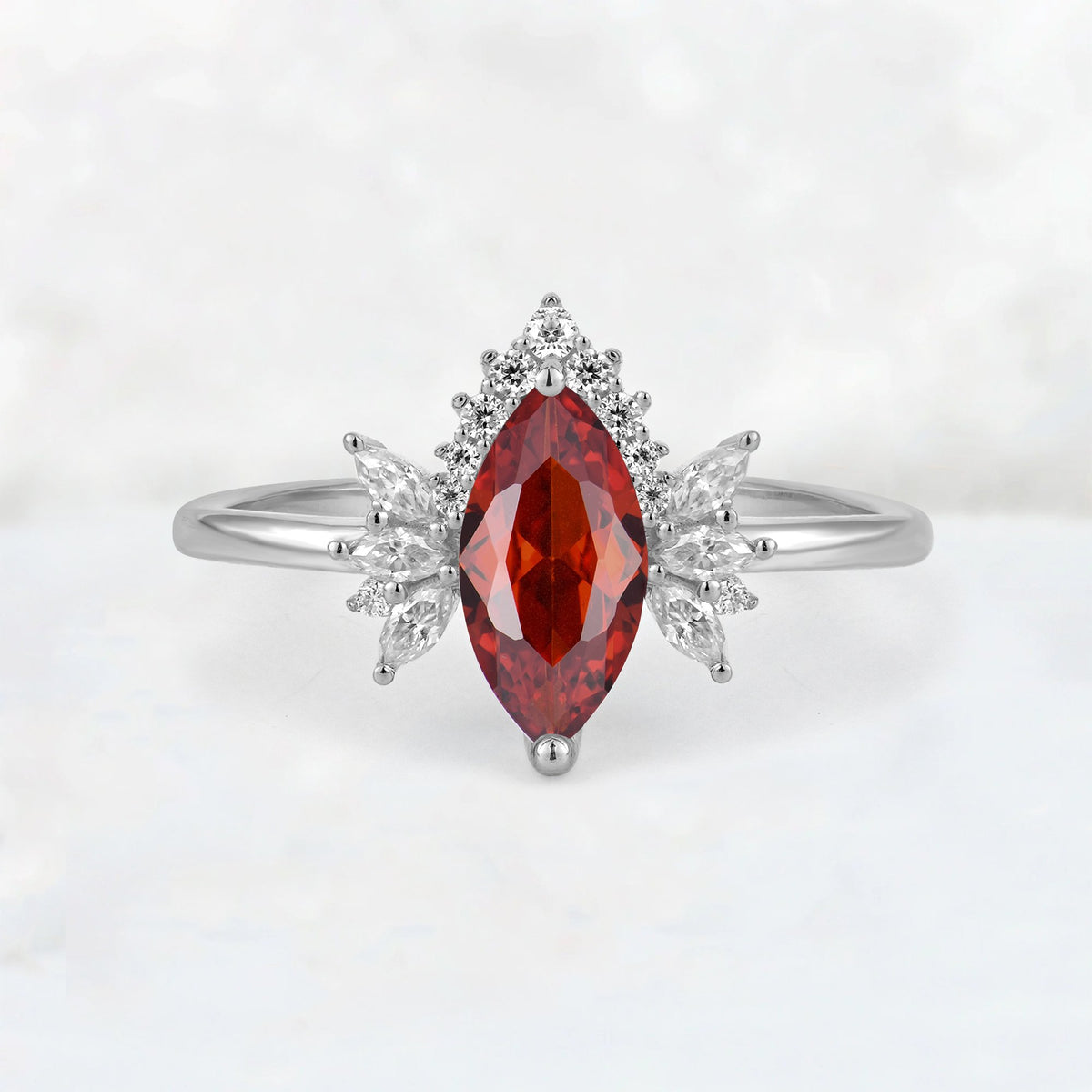 Marquise Cut Garnet Floral Side Stone Engagement Ring - Additional view