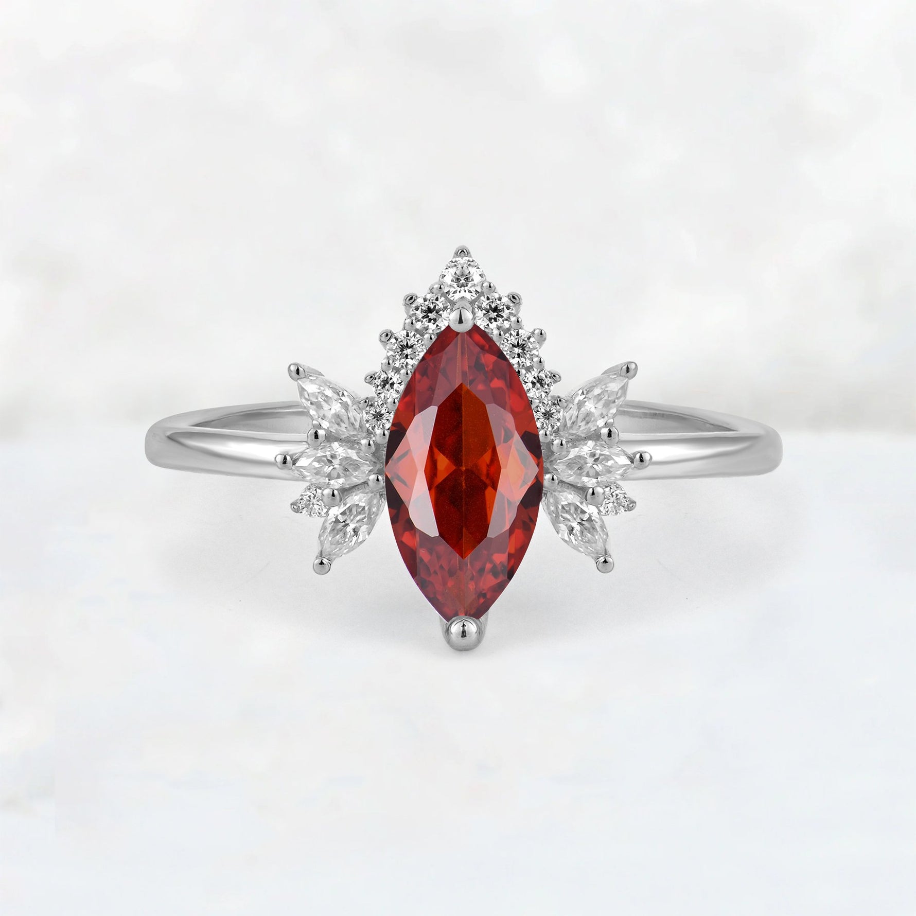 Marquise Cut Garnet Floral Side Stone Engagement Ring - Additional view