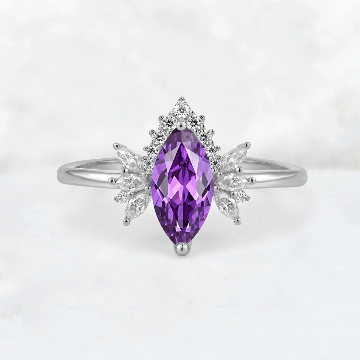 Marquise Cut Amethyst Floral Side Stone Engagement Ring - Additional view