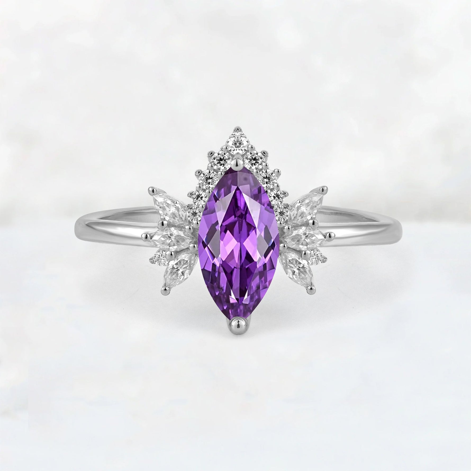 Marquise Cut Amethyst Floral Side Stone Engagement Ring - Additional view