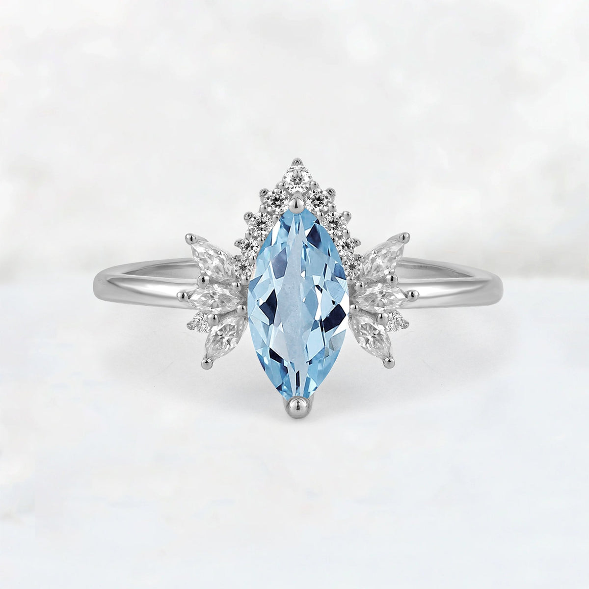 Marquise Cut Aquamarine Floral Side Stone Engagement Ring - Additional view