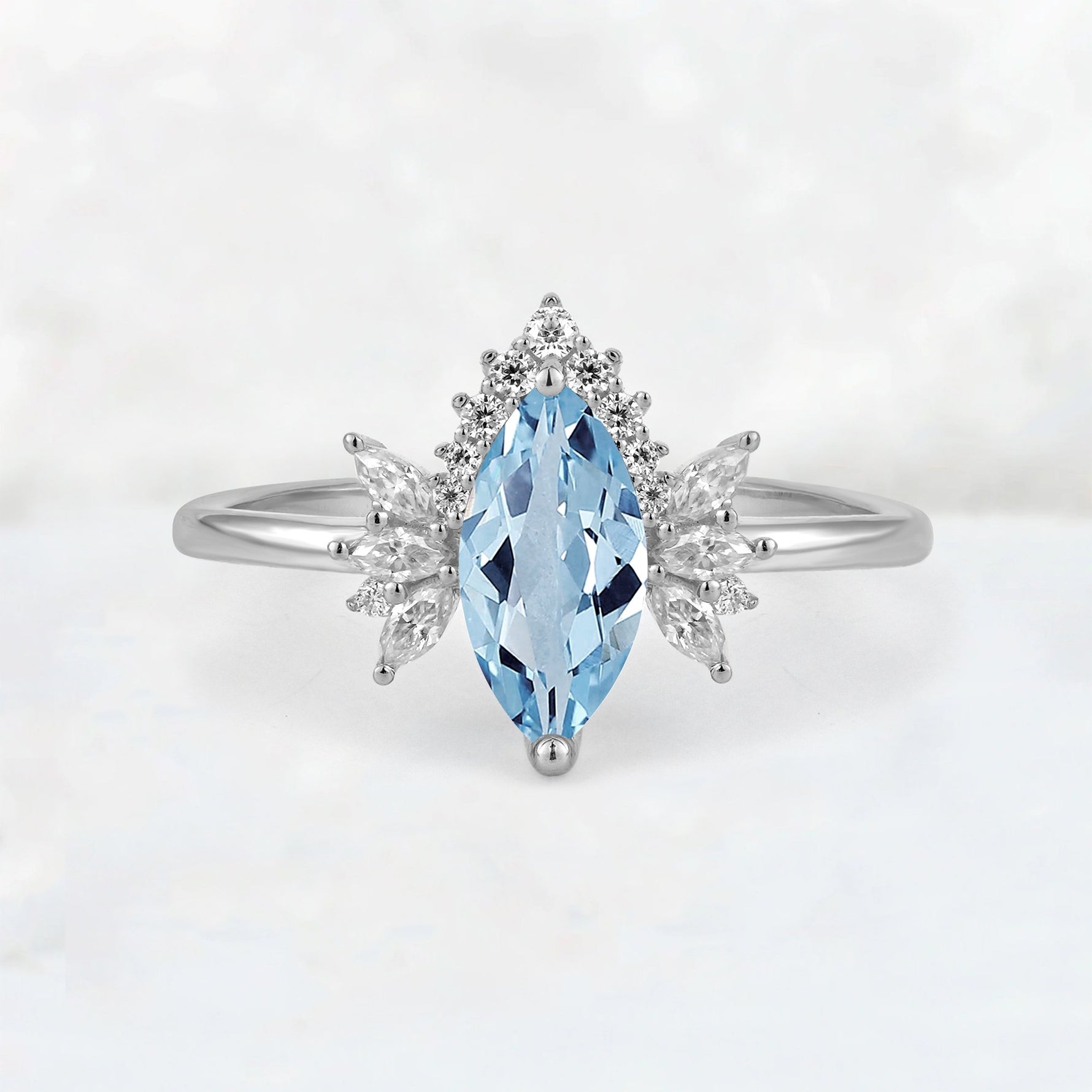 Marquise Cut Aquamarine Floral Side Stone Engagement Ring - Additional view