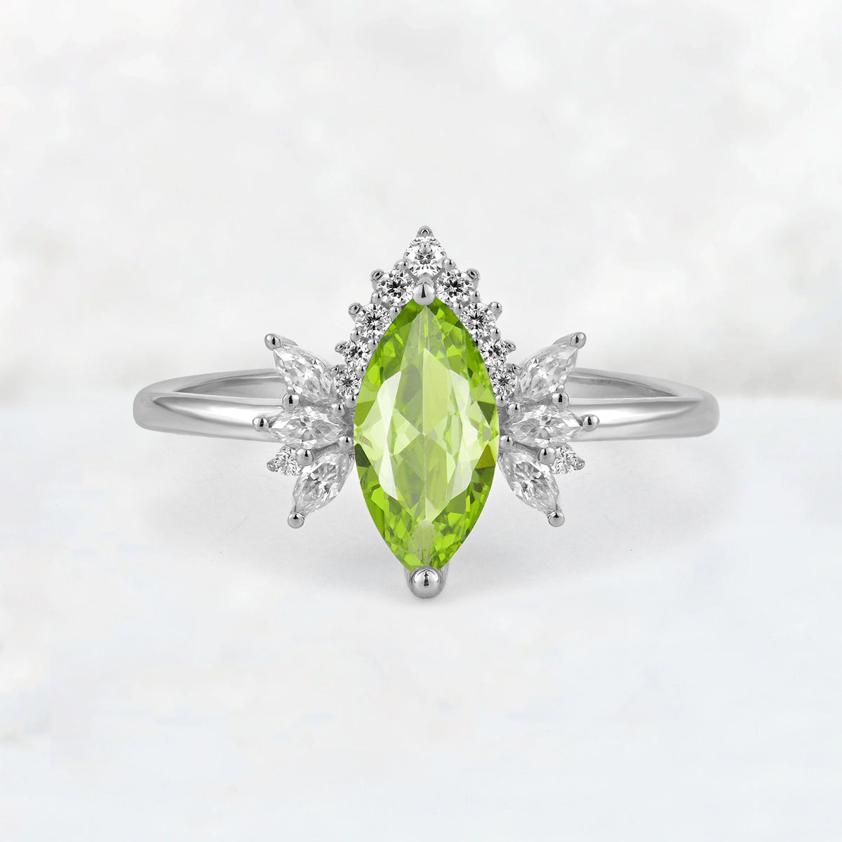 Marquise Cut Peridot Floral Side Stone Engagement Ring - Additional view