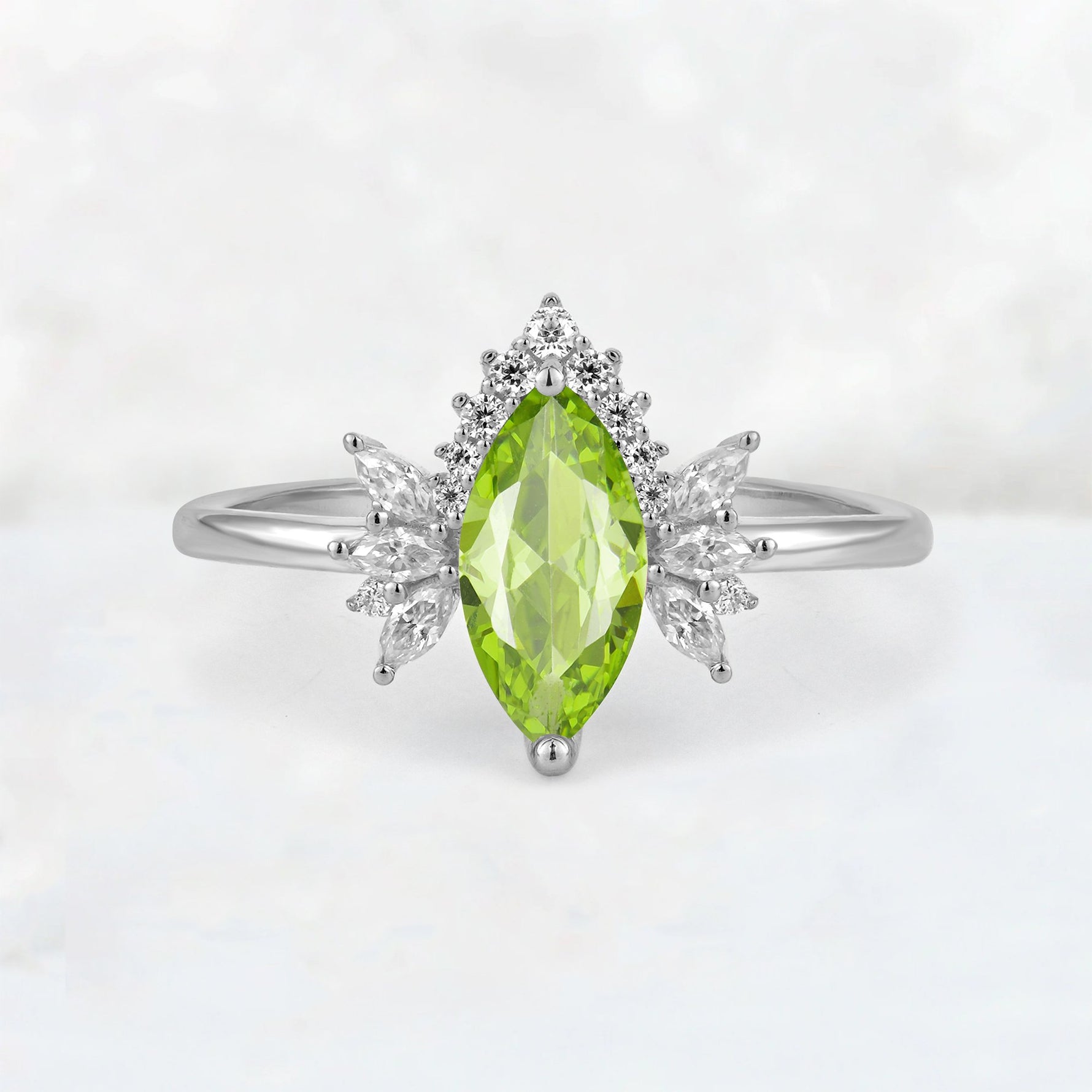 Marquise Cut Peridot Floral Side Stone Engagement Ring - Additional view