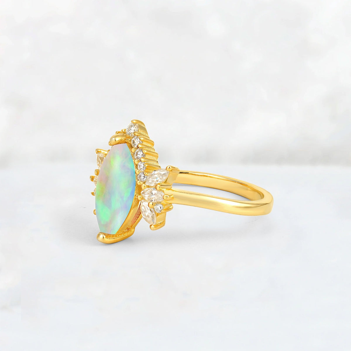 Marquise Cut Fire Opal Floral Side Stone Engagement Ring - Additional view