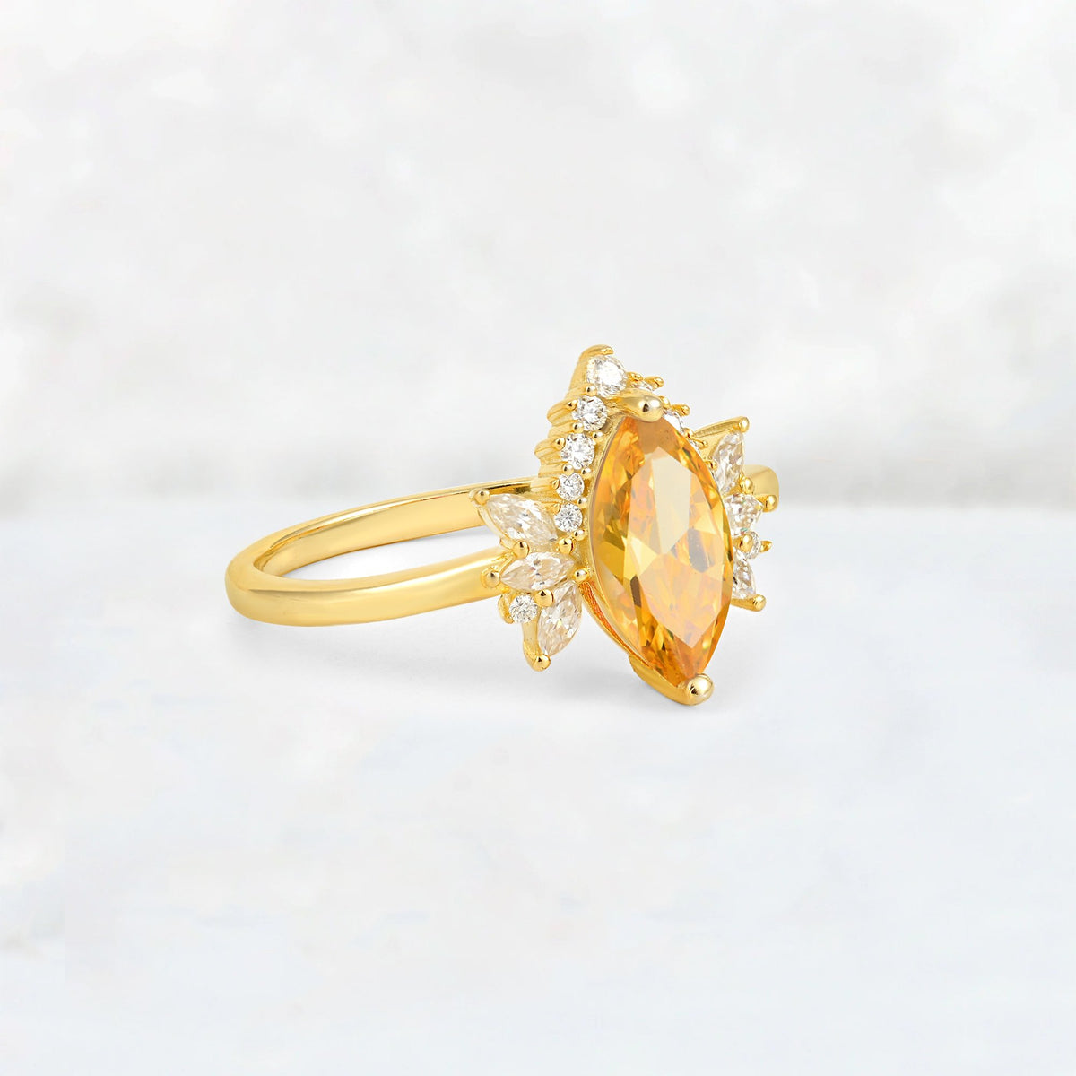Marquise Cut Citrine Floral Side Stone Engagement Ring - Additional view