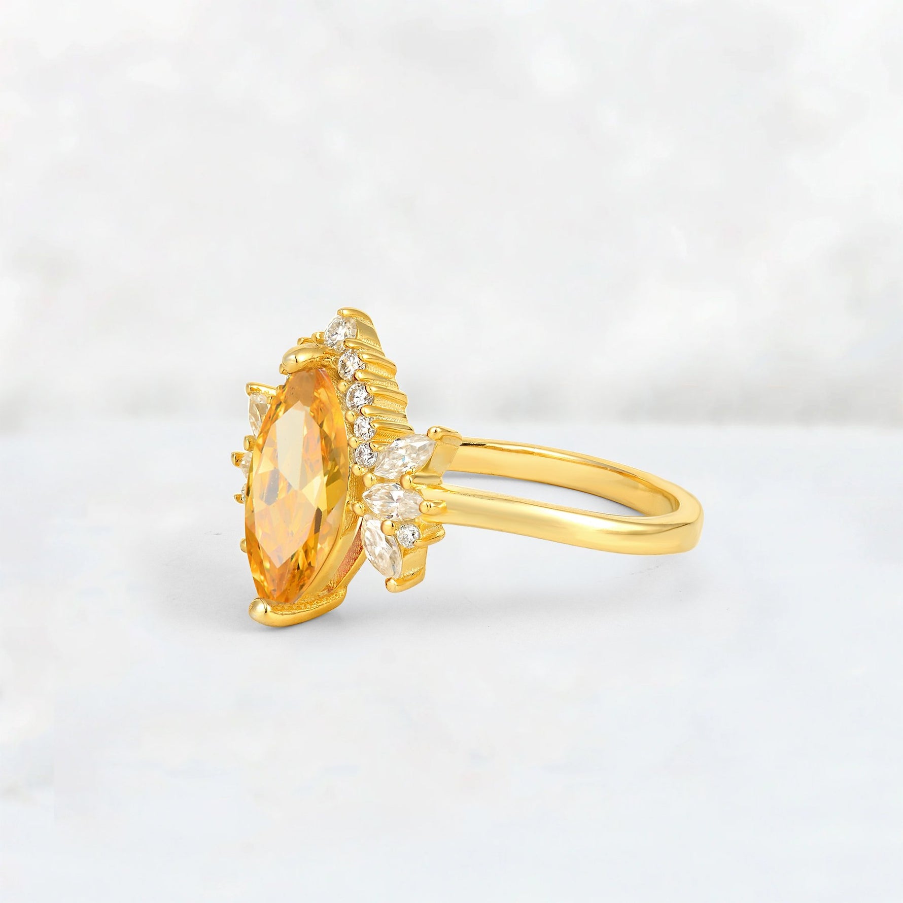 Marquise Cut Citrine Floral Side Stone Engagement Ring - Additional view