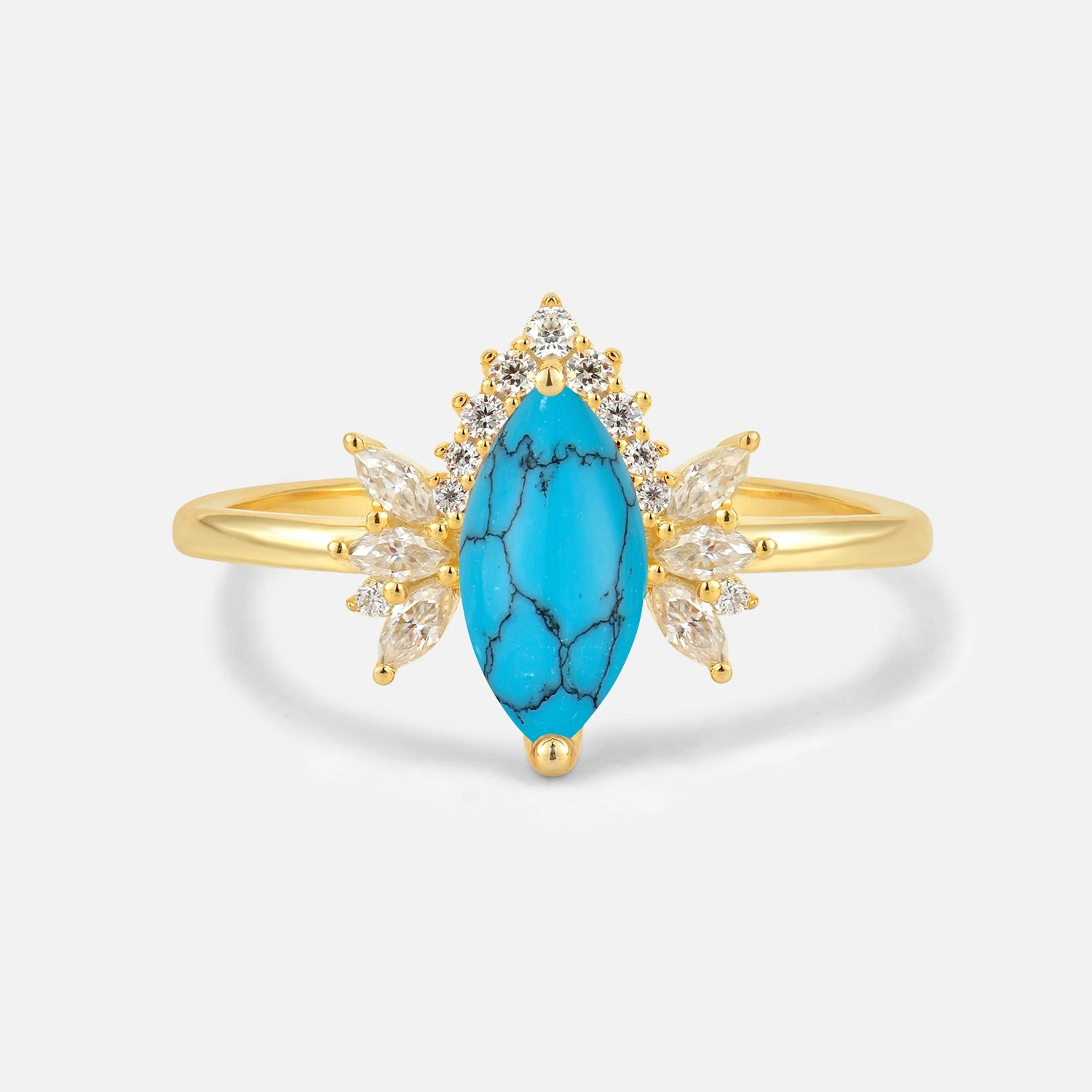 Marquise Cut Turquoise Floral Side Stone Engagement Ring