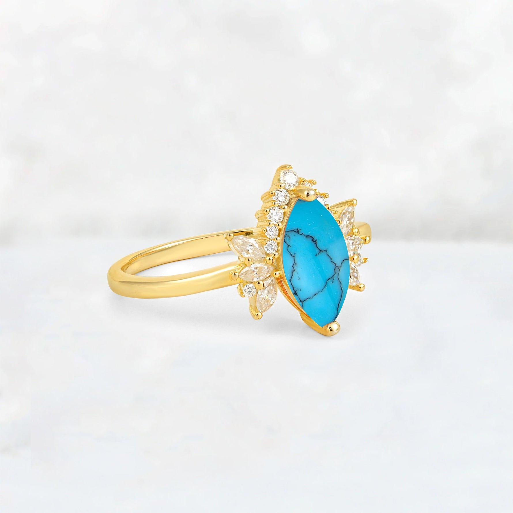 Marquise Cut Turquoise Floral Side Stone Engagement Ring - Additional view