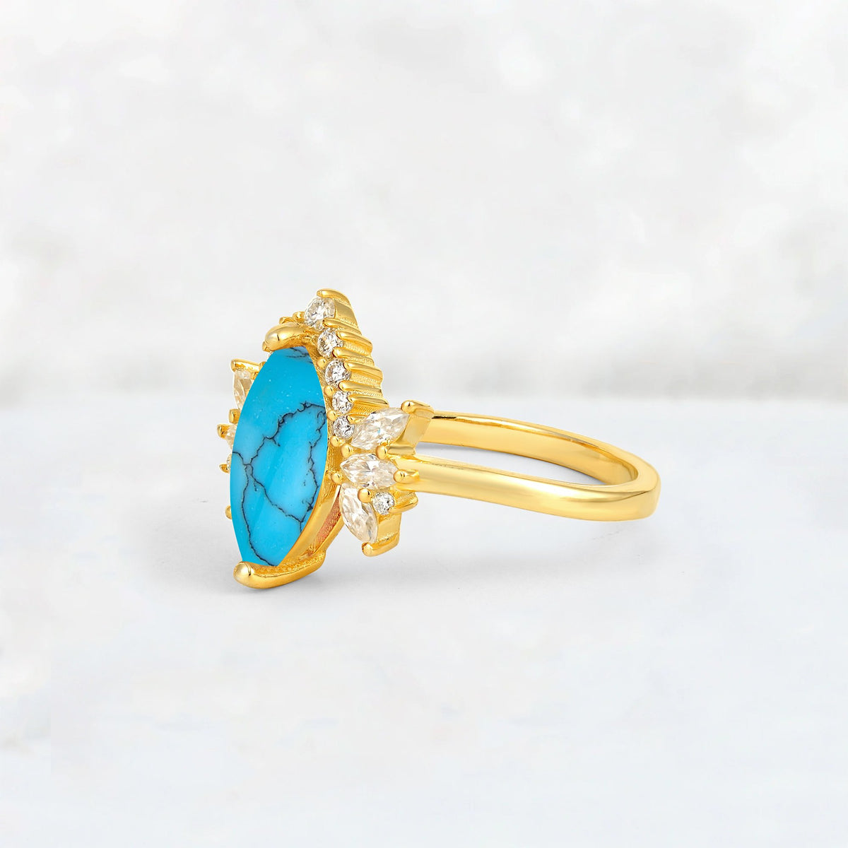 Marquise Cut Turquoise Floral Side Stone Engagement Ring - Additional view