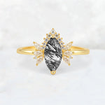 Marquise Cut Black Rutilated Quartz Floral Side Stone Engagement Ring - Additional view