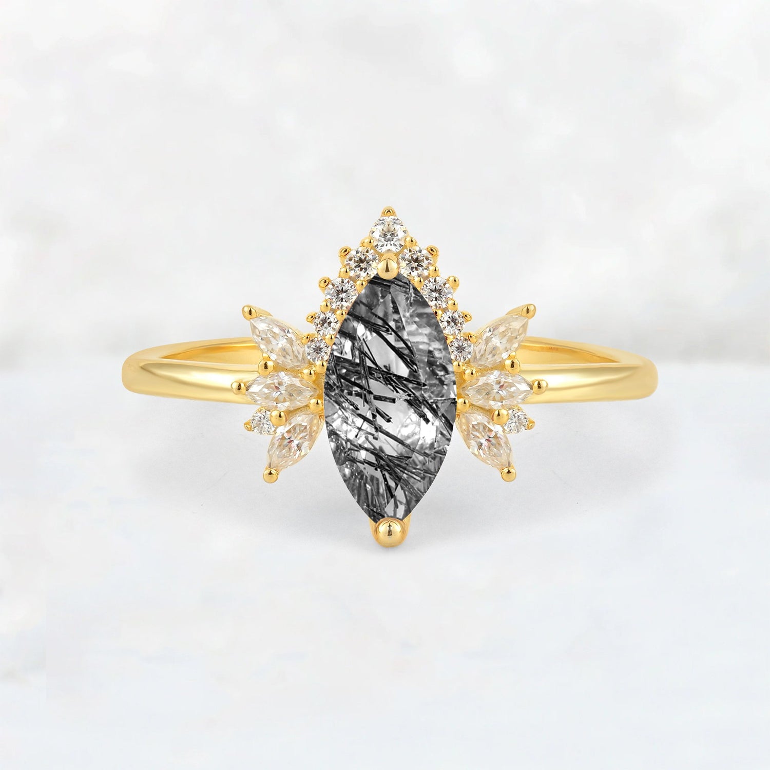 Marquise Cut Black Rutilated Quartz Floral Side Stone Engagement Ring - Additional view