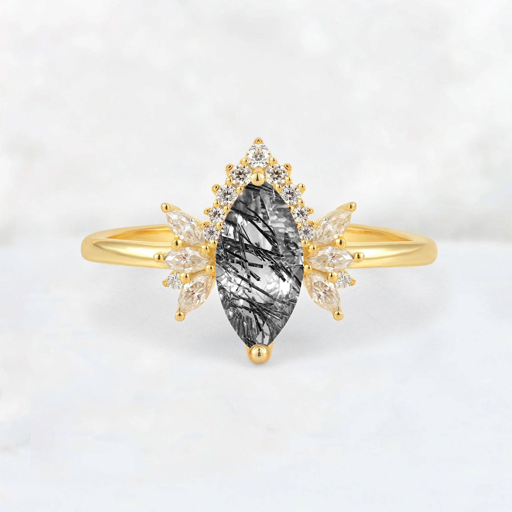 Marquise Cut Black Rutilated Quartz Floral Side Stone Engagement Ring - Additional view
