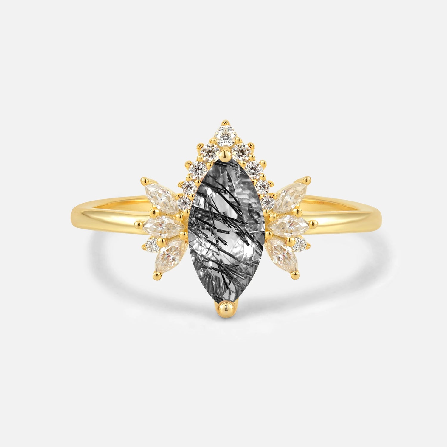 Marquise Cut Black Rutilated Quartz Floral Side Stone Engagement Ring