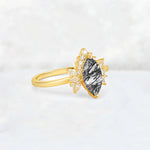 Marquise Cut Black Rutilated Quartz Floral Side Stone Engagement Ring - Additional view