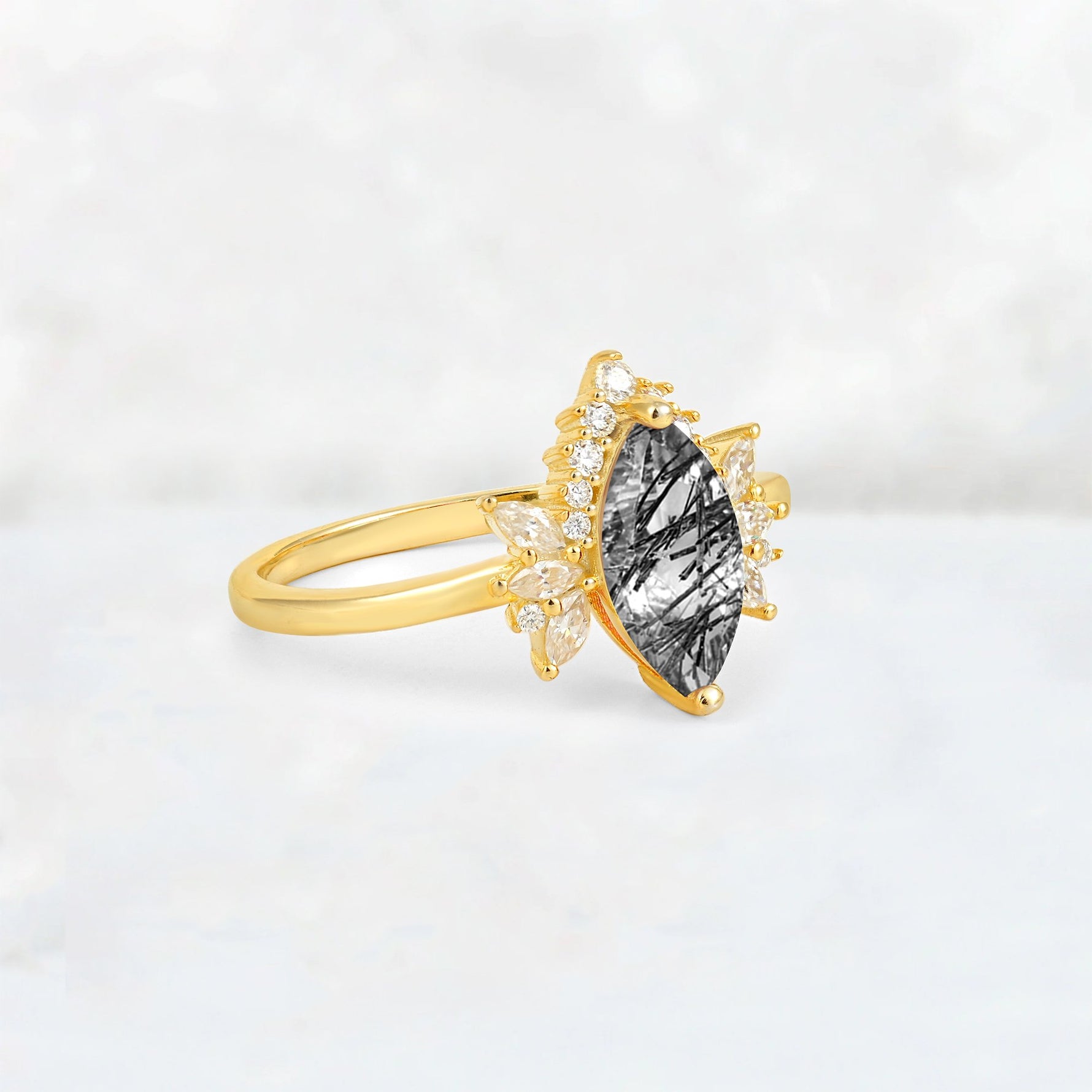 Marquise Cut Black Rutilated Quartz Floral Side Stone Engagement Ring - Additional view