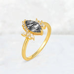 Marquise Cut Black Rutilated Quartz Floral Side Stone Engagement Ring - Additional view
