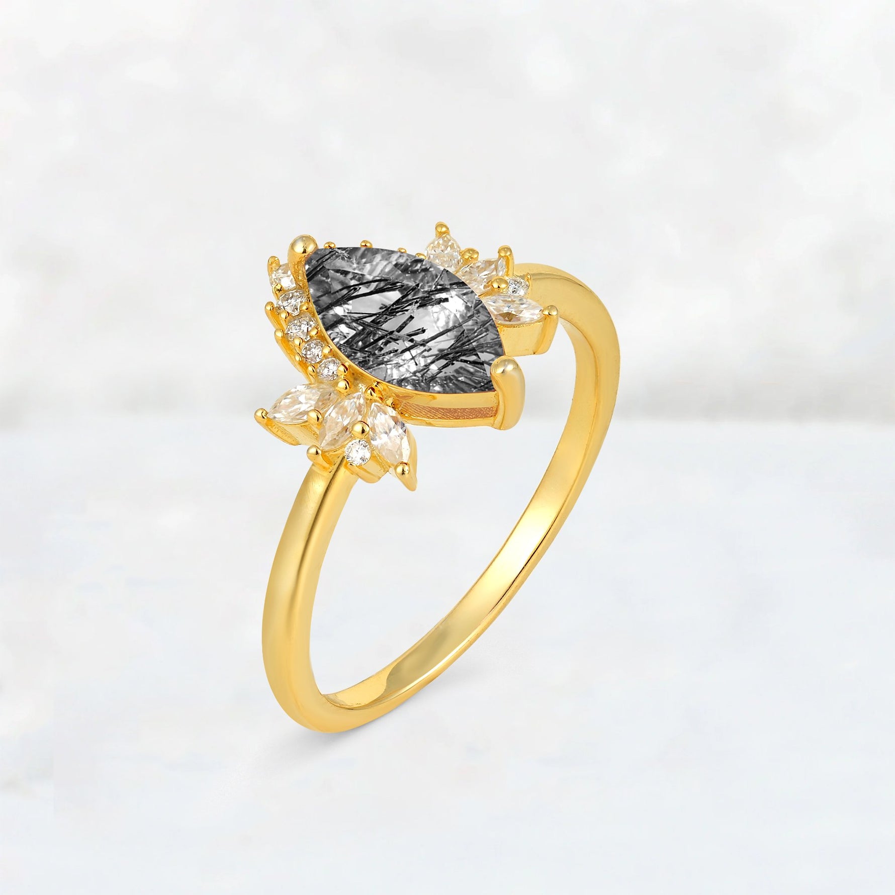 Marquise Cut Black Rutilated Quartz Floral Side Stone Engagement Ring - Additional view