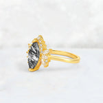 Marquise Cut Black Rutilated Quartz Floral Side Stone Engagement Ring - Additional view