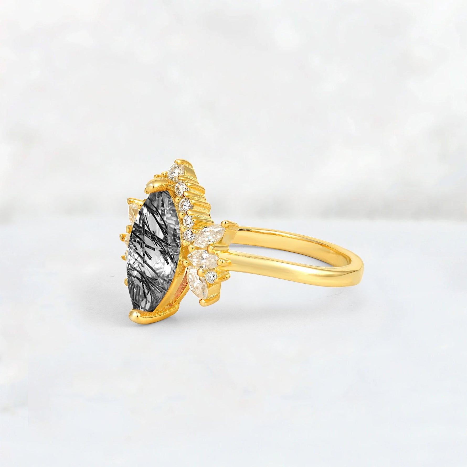 Marquise Cut Black Rutilated Quartz Floral Side Stone Engagement Ring - Additional view