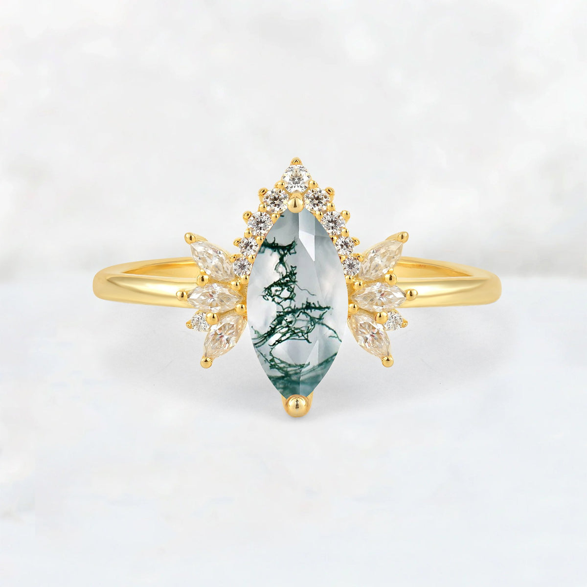Marquise Cut Moss Agate Floral Side Stone Engagement Ring - Additional view