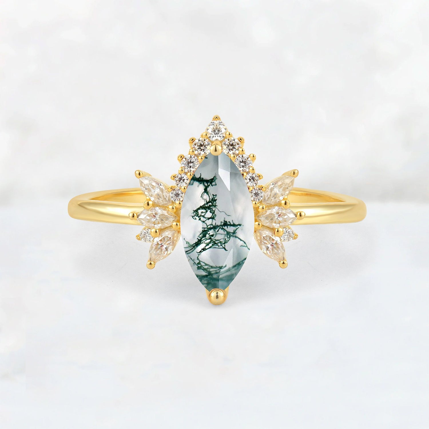 Marquise Cut Moss Agate Floral Side Stone Engagement Ring - Additional view