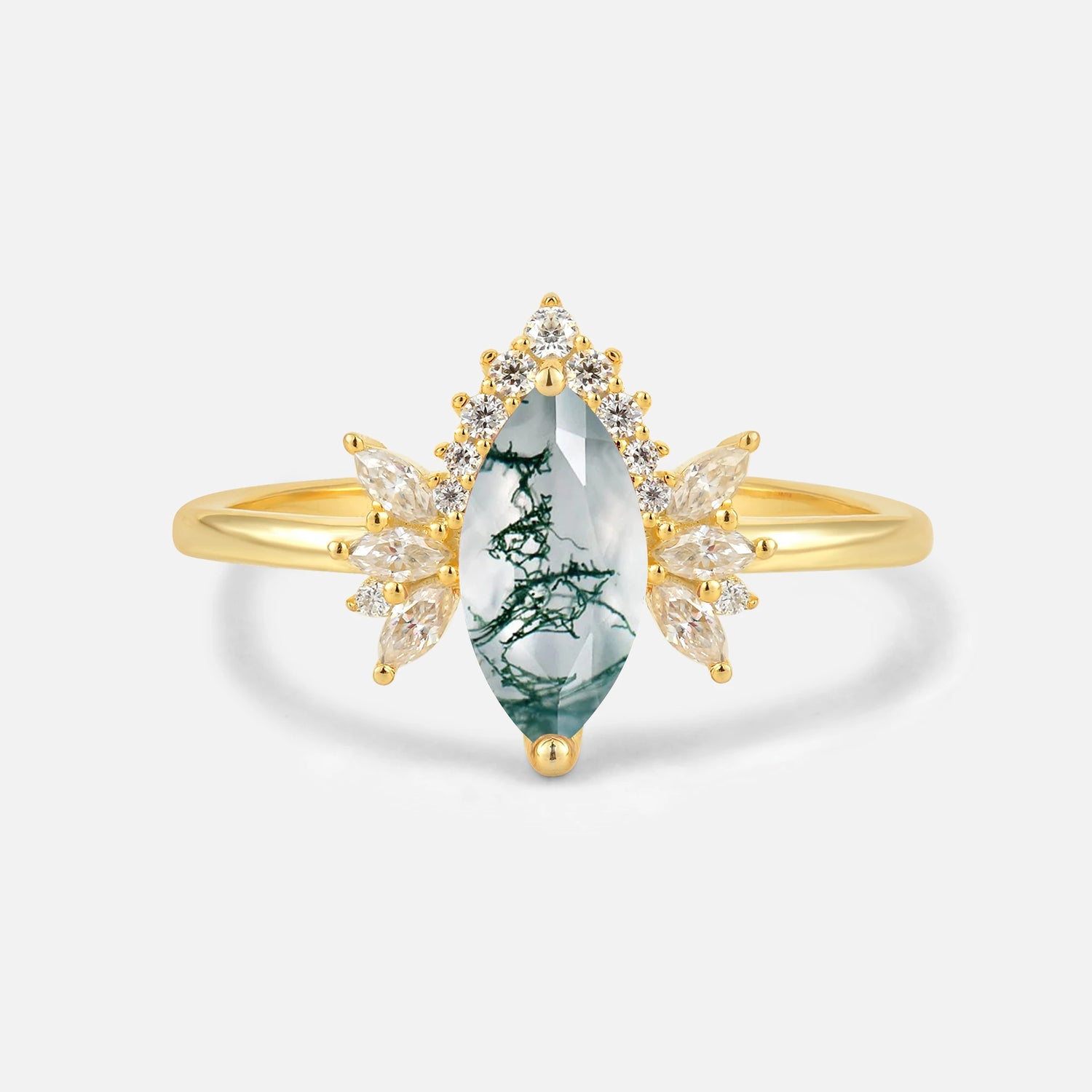 Marquise Cut Moss Agate Floral Side Stone Engagement Ring