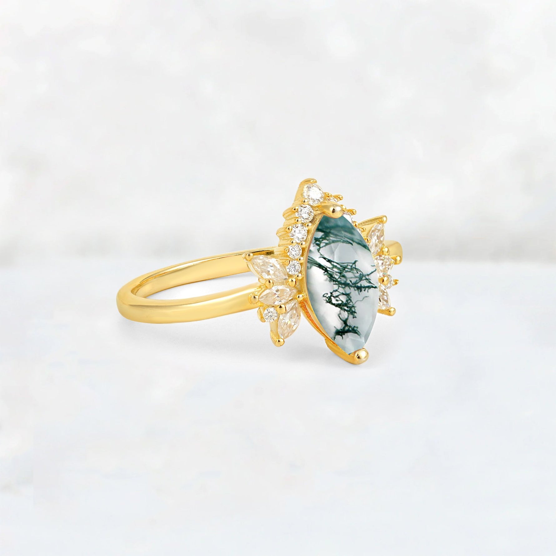 Marquise Cut Moss Agate Floral Side Stone Engagement Ring - Additional view