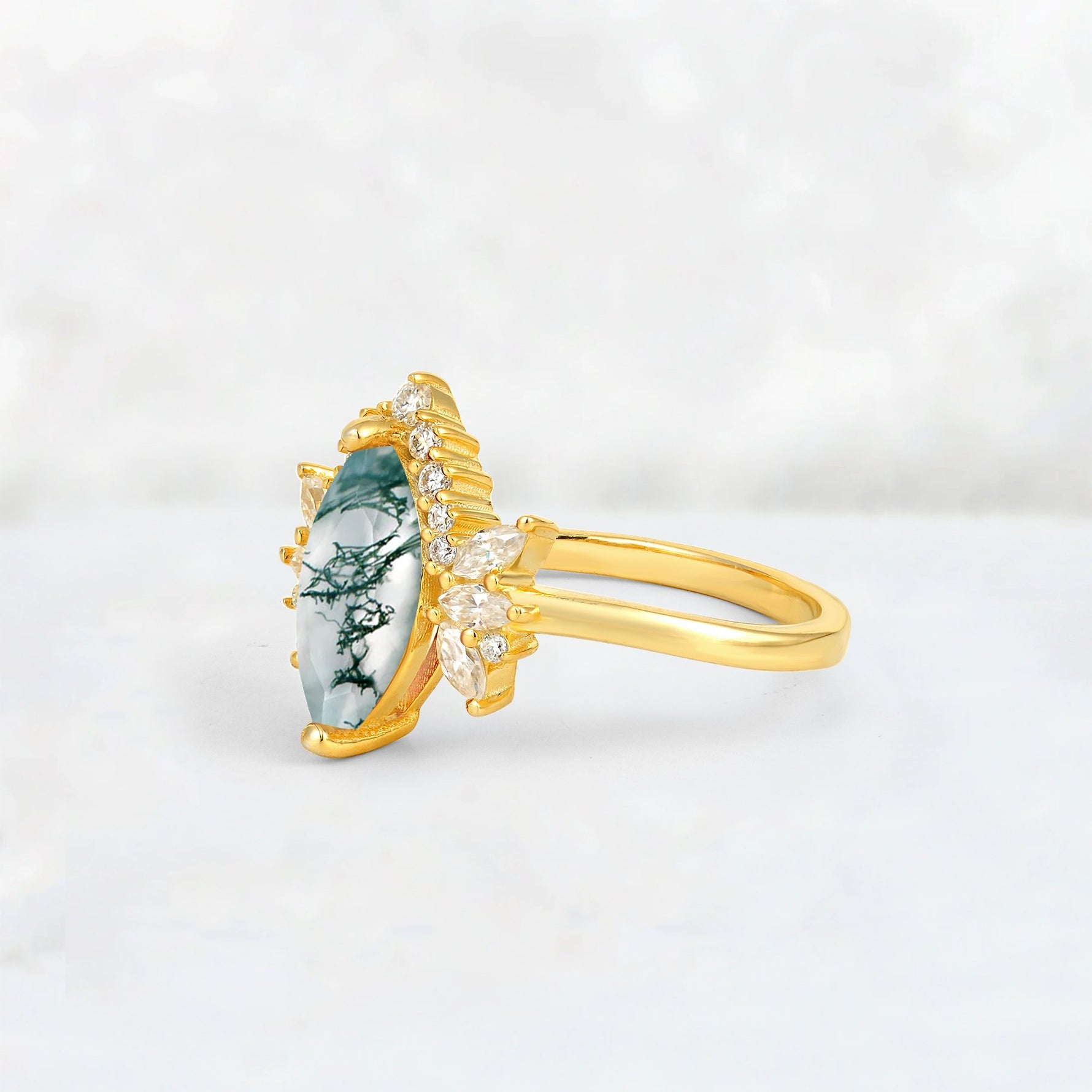 Marquise Cut Moss Agate Floral Side Stone Engagement Ring - Additional view