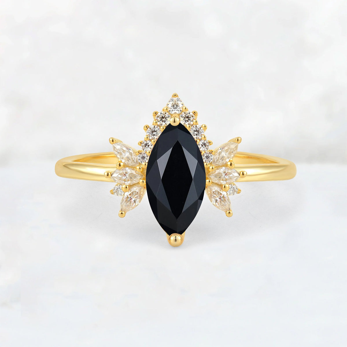 Marquise Cut Black Onyx Floral Side Stone Engagement Ring - Additional view