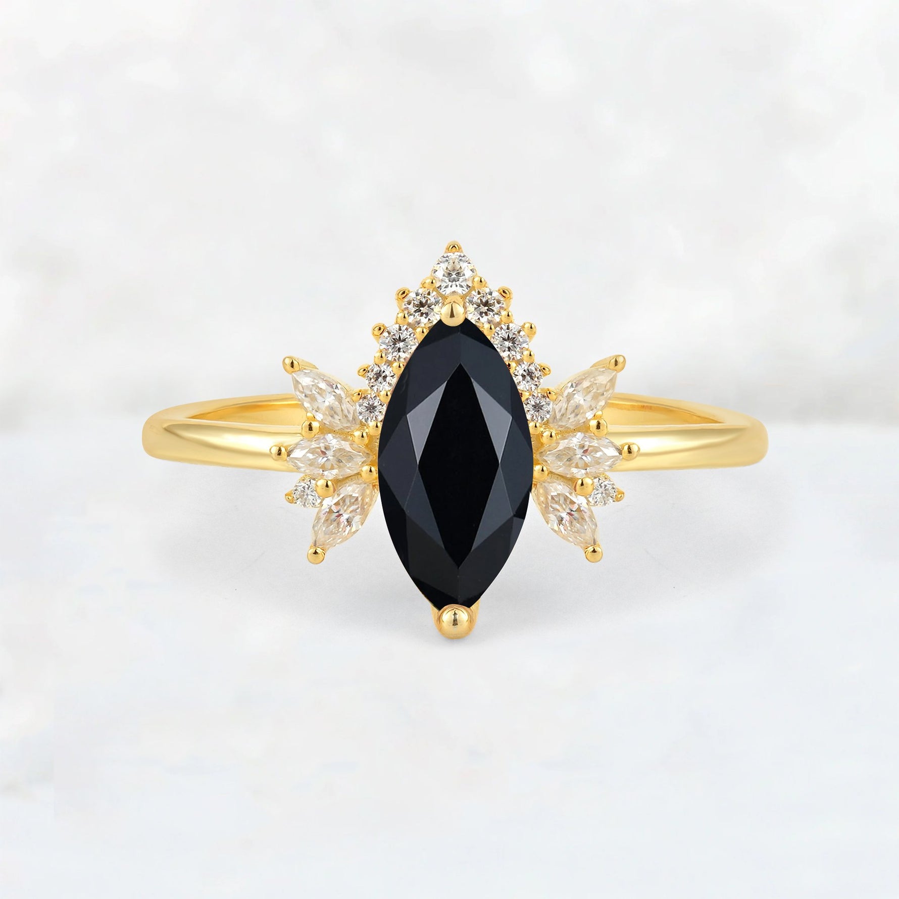 Marquise Cut Black Onyx Floral Side Stone Engagement Ring - Additional view