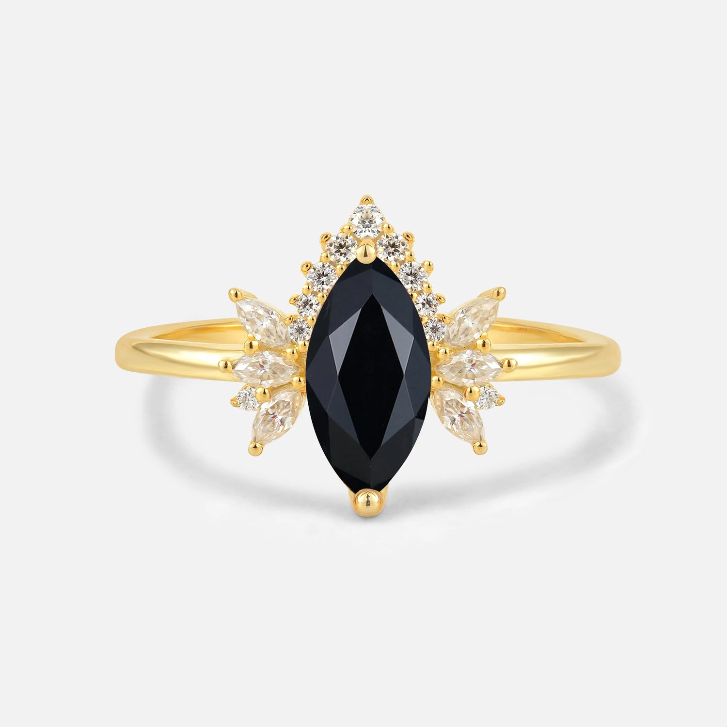 Marquise Cut Black Onyx Floral Side Stone Engagement Ring