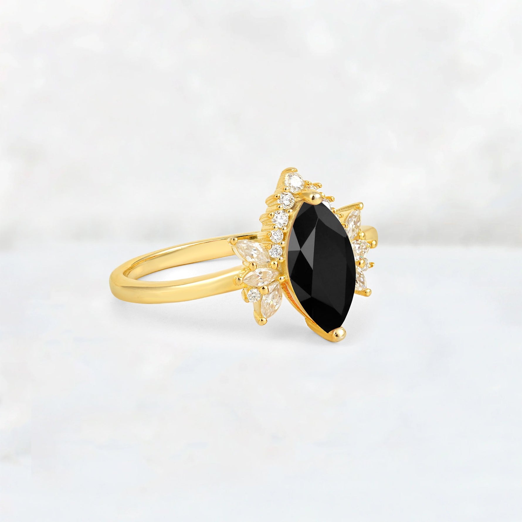 Marquise Cut Black Onyx Floral Side Stone Engagement Ring - Additional view