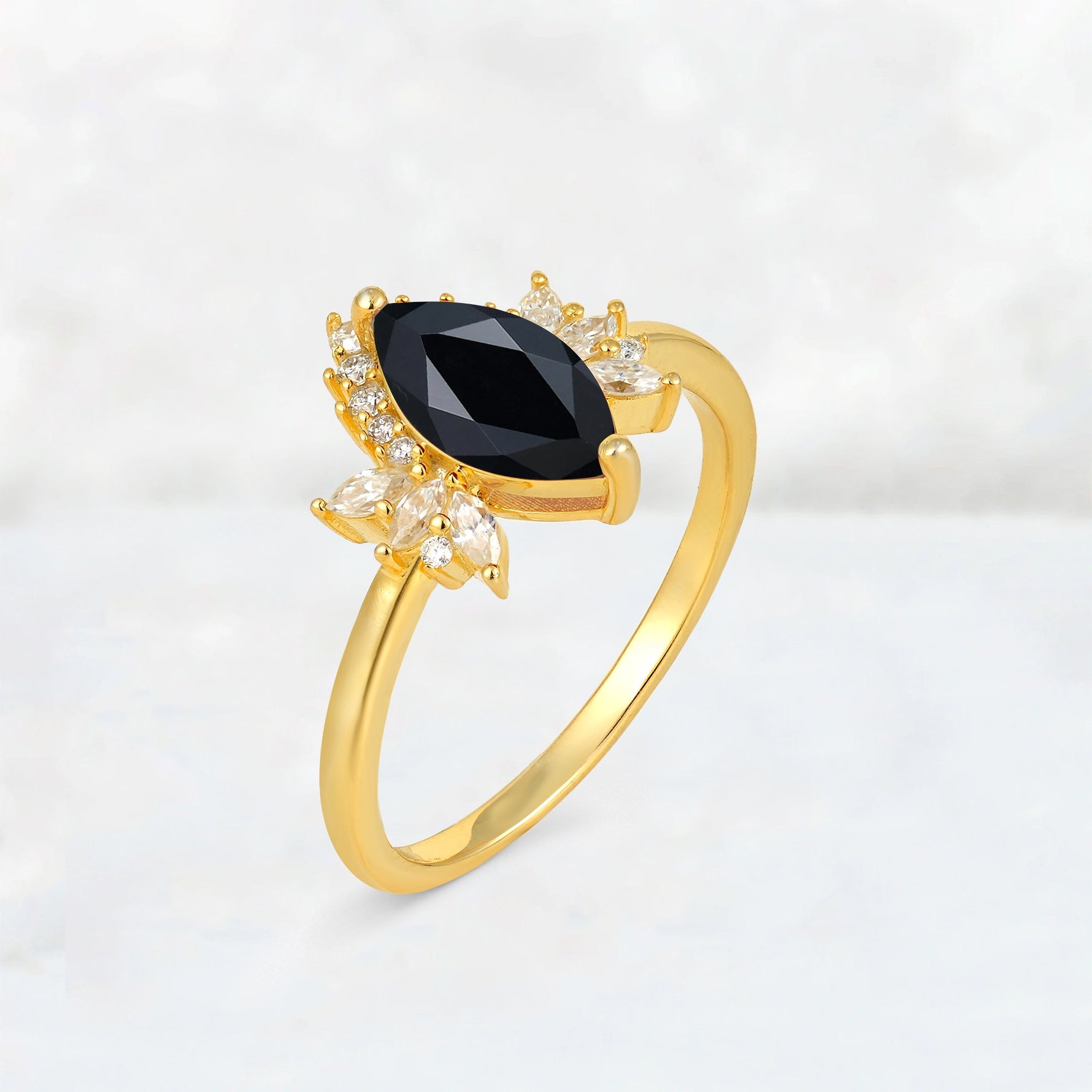 Marquise Cut Black Onyx Floral Side Stone Engagement Ring - Additional view