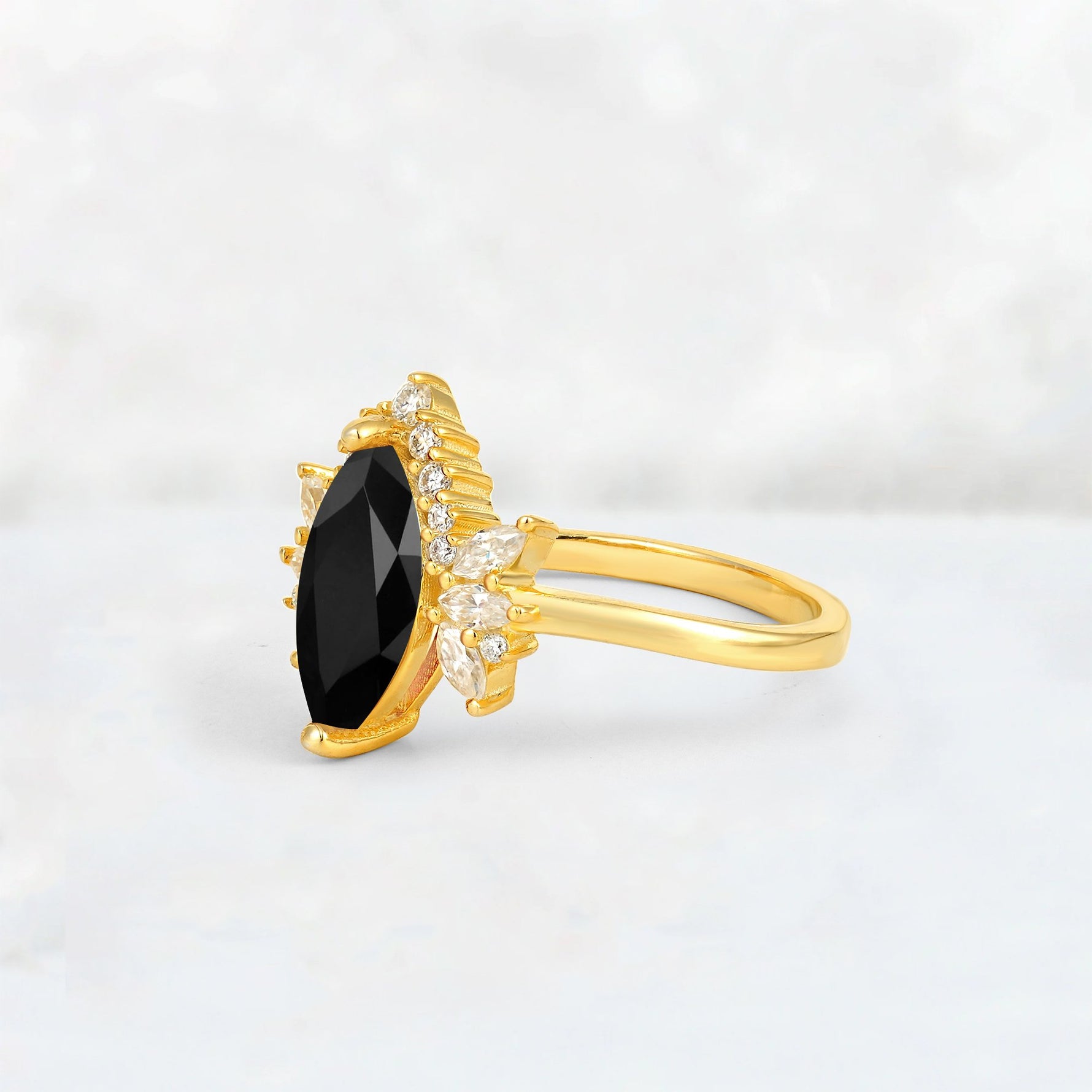 Marquise Cut Black Onyx Floral Side Stone Engagement Ring - Additional view