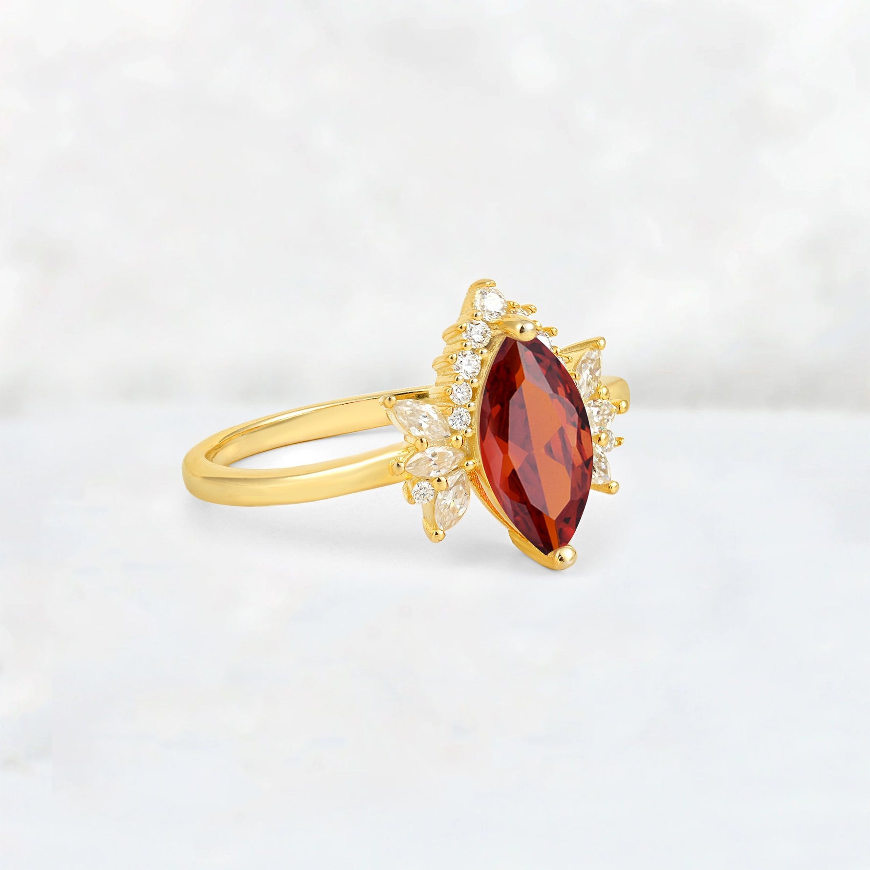 Marquise Cut Garnet Floral Side Stone Engagement Ring - Additional view