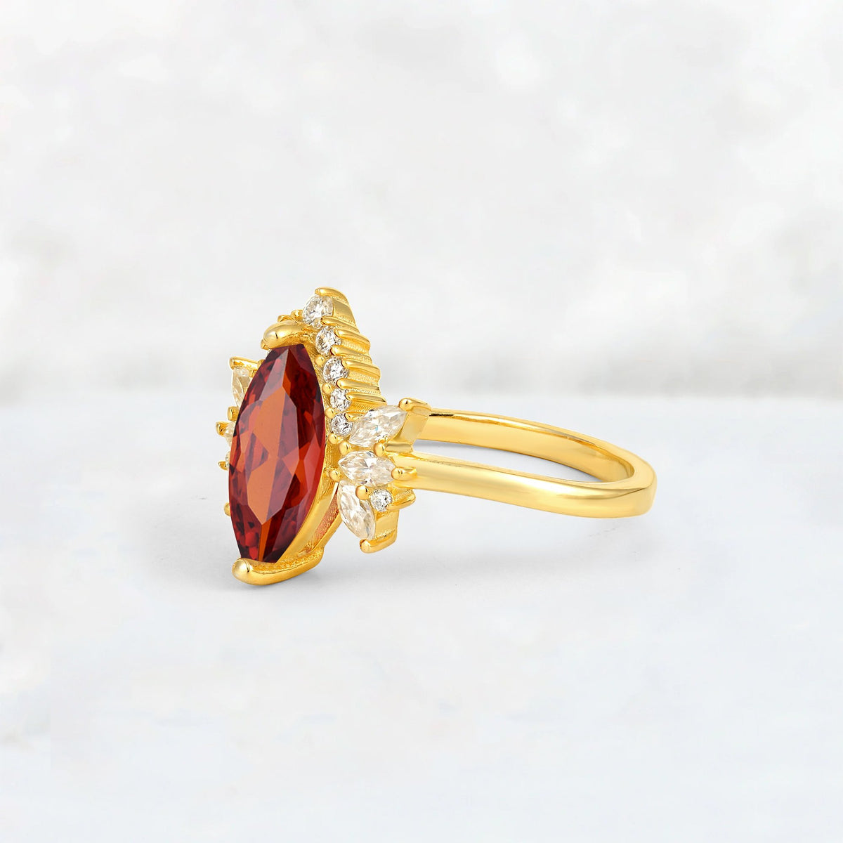 Marquise Cut Garnet Floral Side Stone Engagement Ring - Additional view