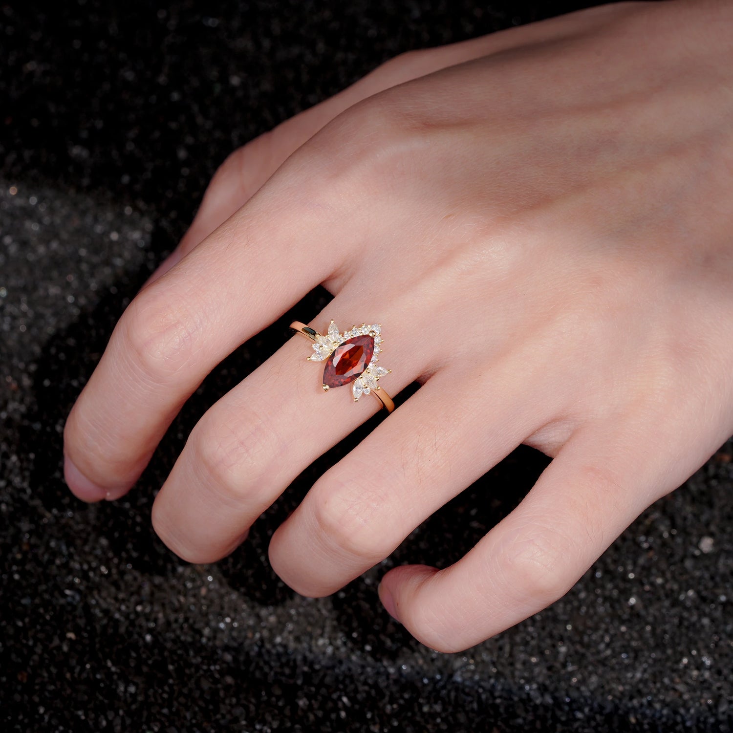 Marquise Cut Garnet Floral Side Stone Engagement Ring