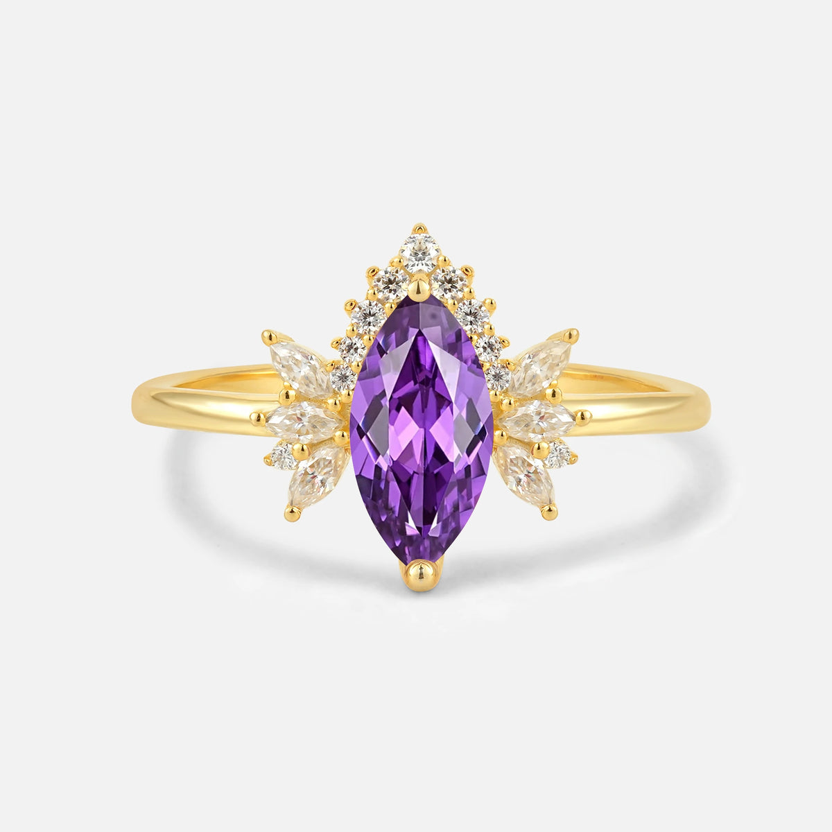 Marquise Cut Amethyst Floral Side Stone Engagement Ring