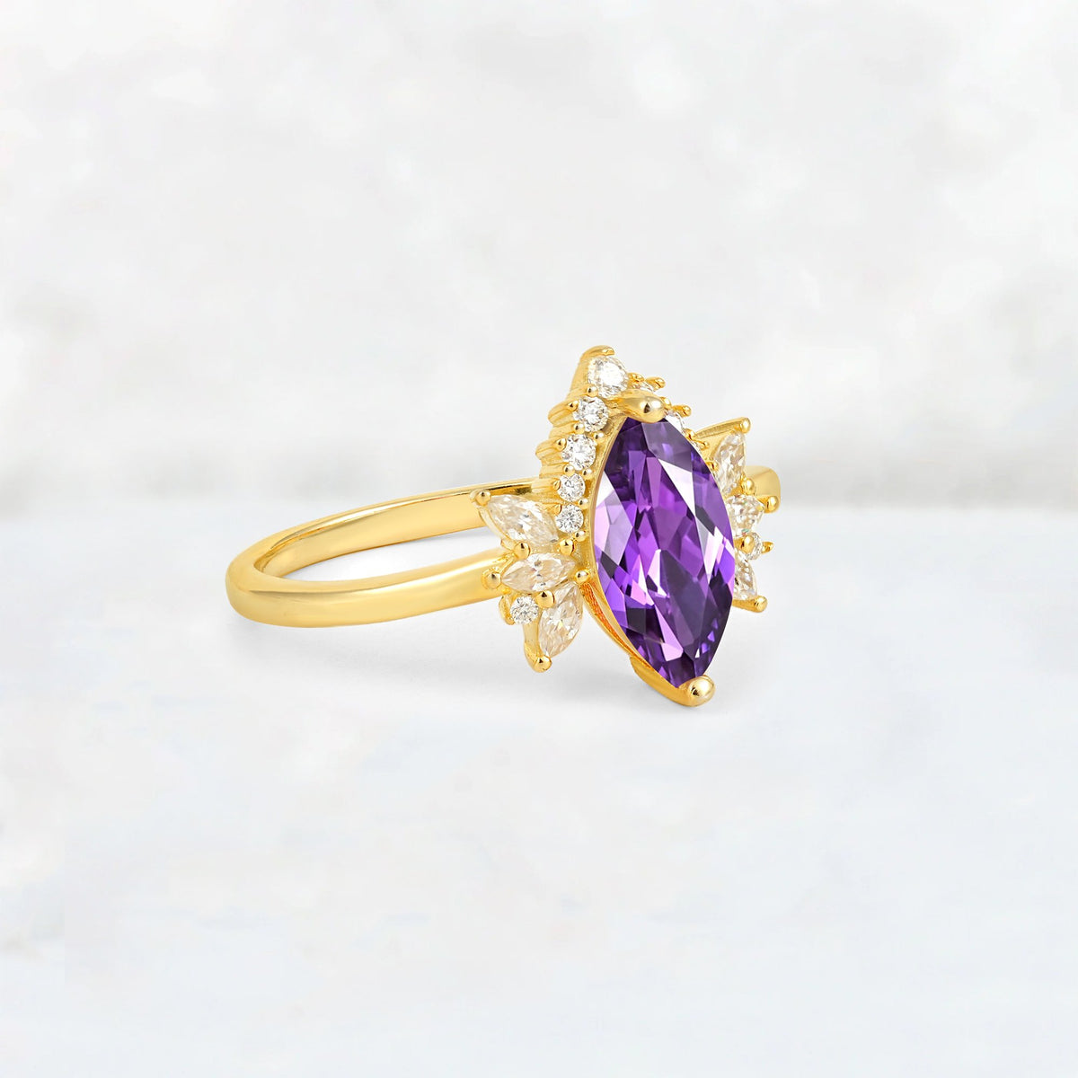 Marquise Cut Amethyst Floral Side Stone Engagement Ring - Additional view