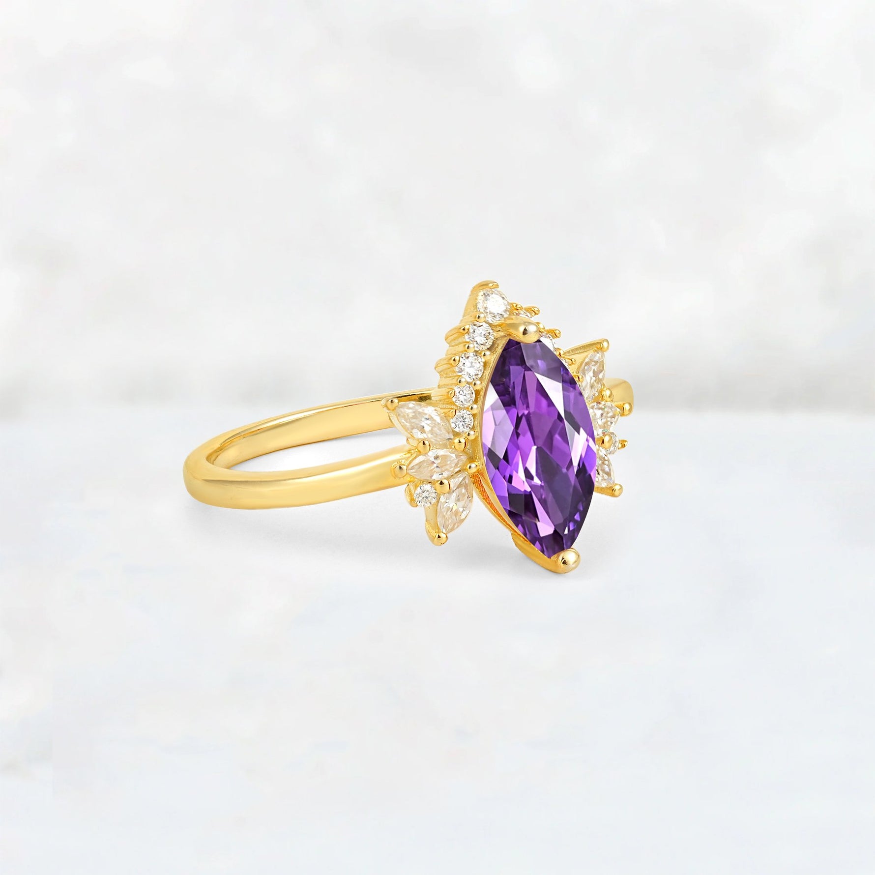 Marquise Cut Amethyst Floral Side Stone Engagement Ring - Additional view