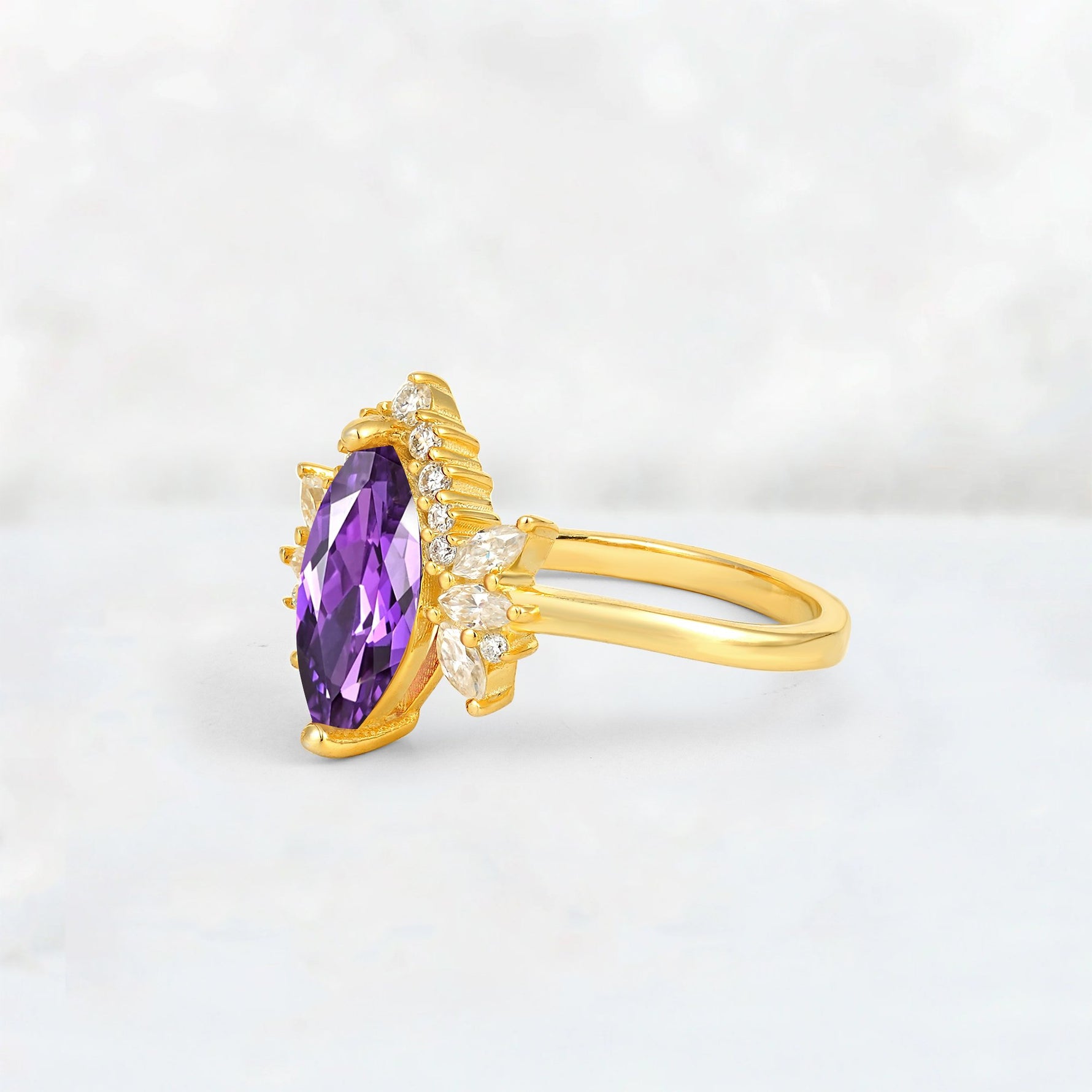 Marquise Cut Amethyst Floral Side Stone Engagement Ring - Additional view