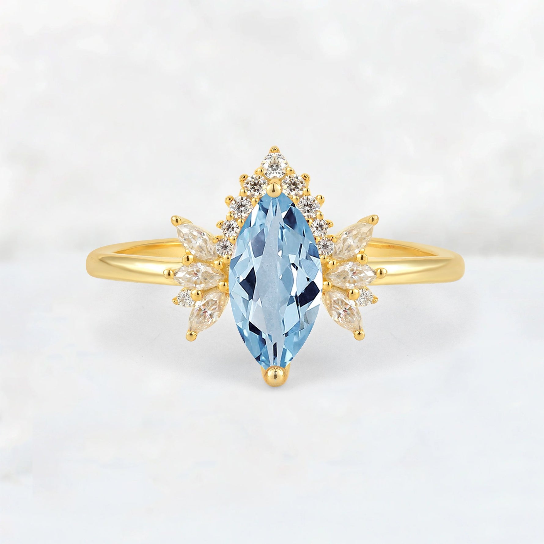 Marquise Cut Aquamarine Floral Side Stone Engagement Ring - Additional view