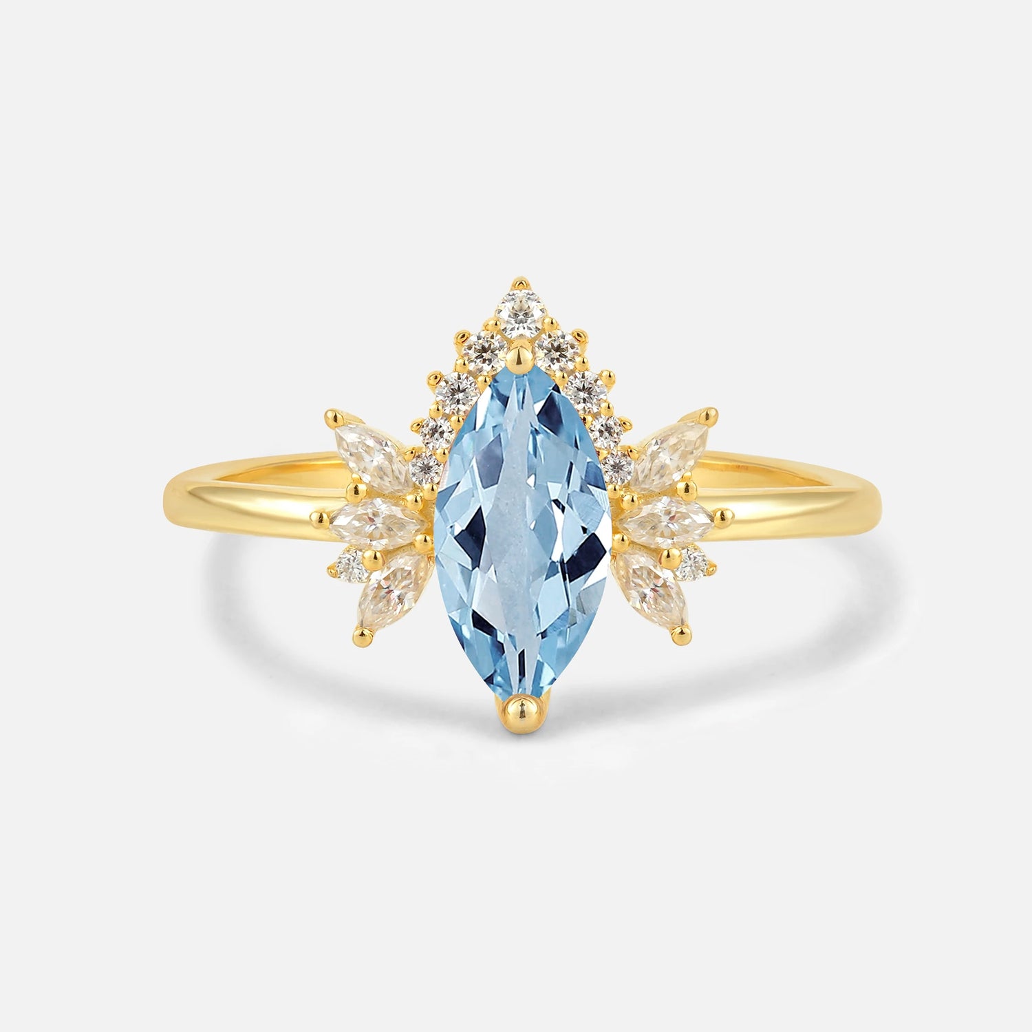 Marquise Cut Aquamarine Floral Side Stone Engagement Ring