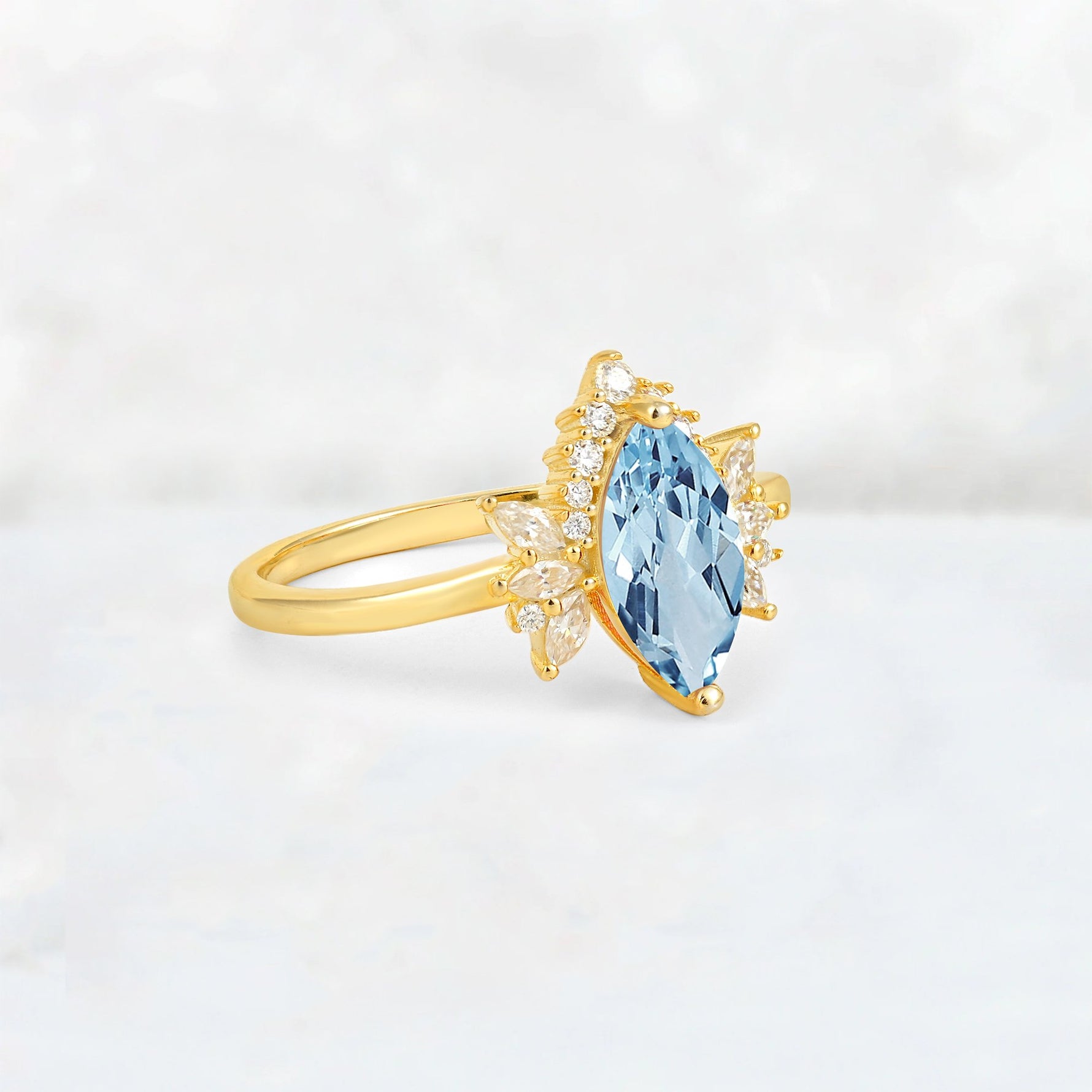 Marquise Cut Aquamarine Floral Side Stone Engagement Ring - Additional view