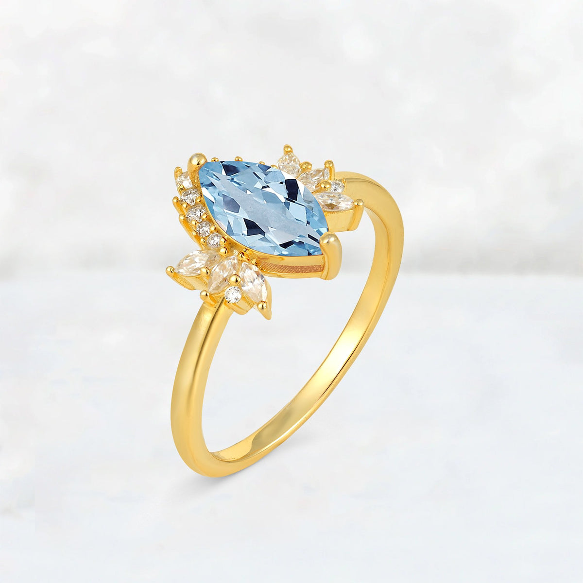 Marquise Cut Aquamarine Floral Side Stone Engagement Ring - Additional view